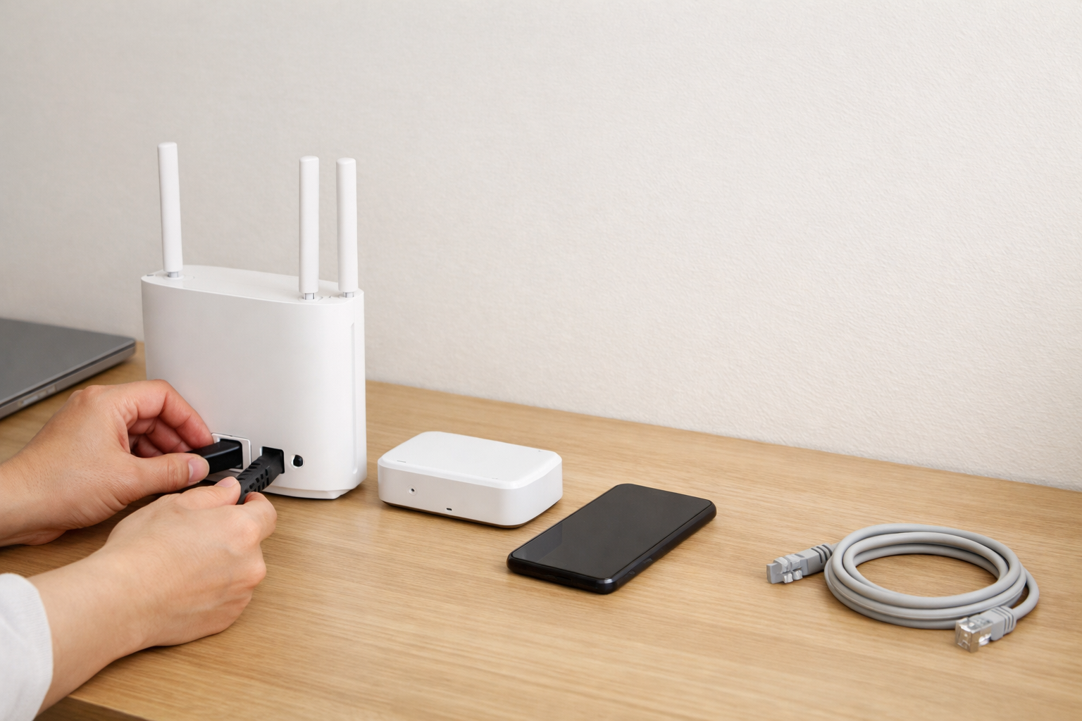 デスク上でルーターへケーブルを挿す手元とスマホ