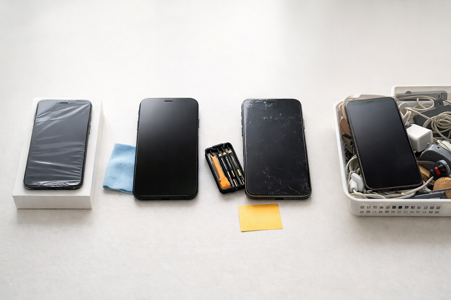 状態の異なるiPhone4台を机に並べ比較
