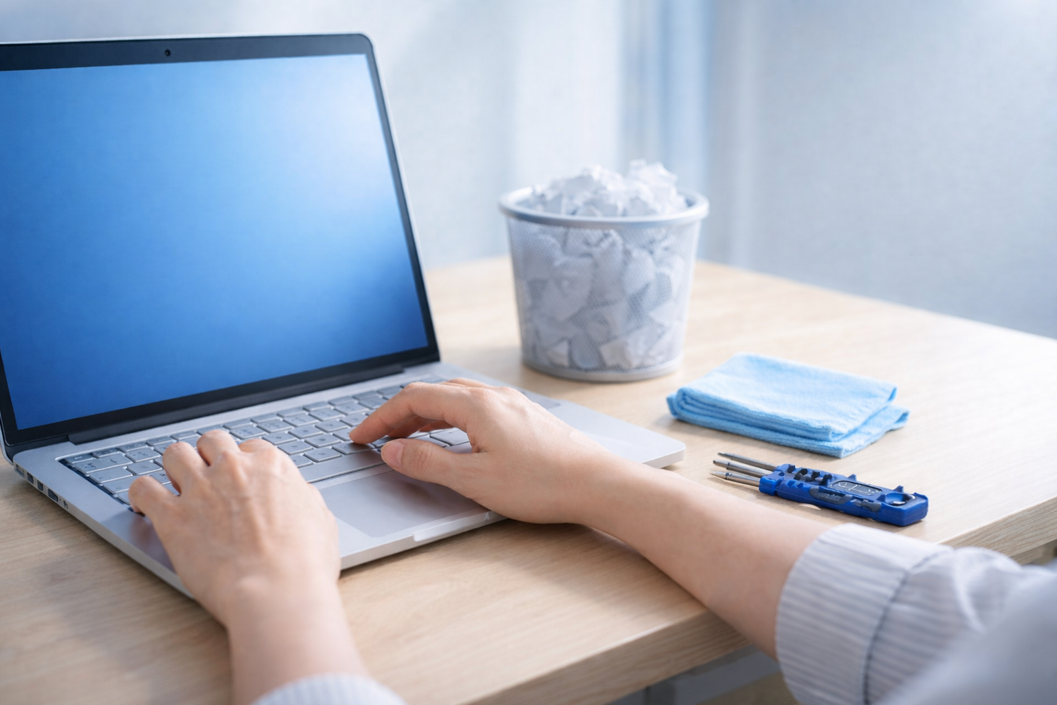 ノートPCで設定作業をする手元と、デスク上の掃除用クロスや工具が並ぶ様子