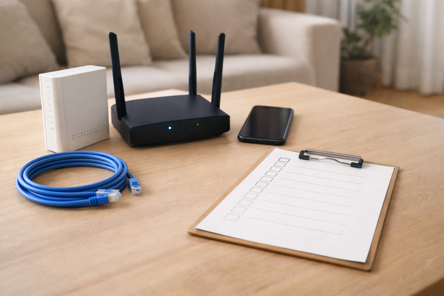 木目テーブルにWi-FiルーターとONUと無地のチェック表