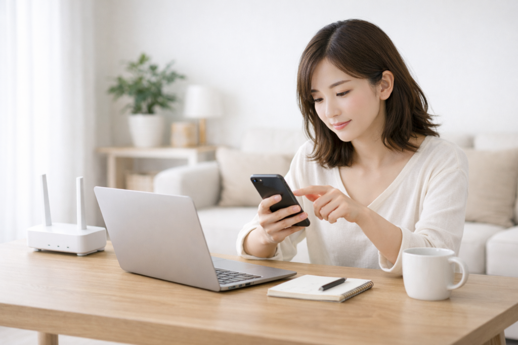 リビングでスマホを操作し回線を比較する女性
