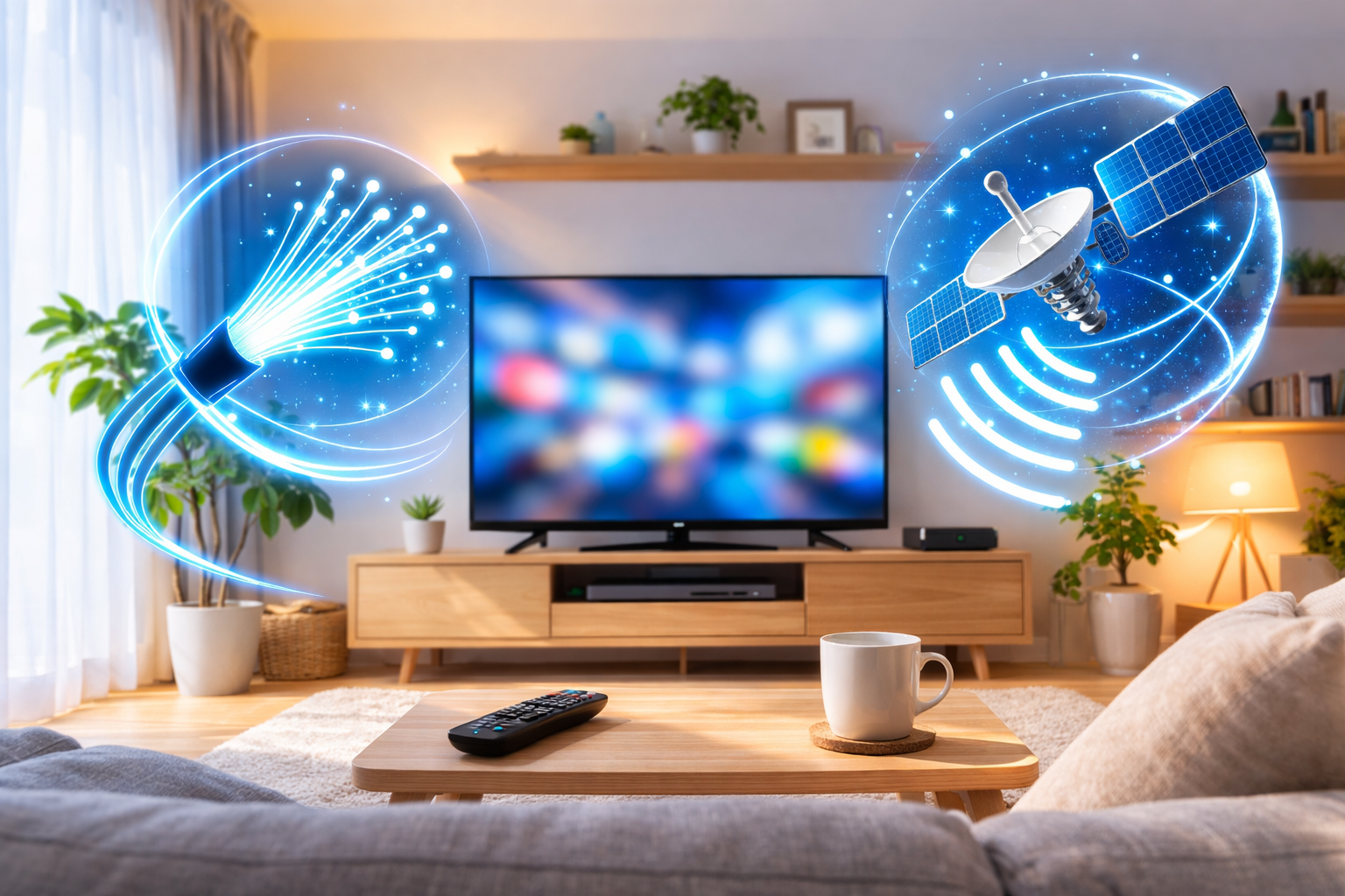リビングのテレビと光回線・衛星の比較イメージ