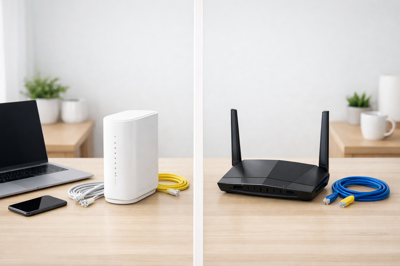 家庭用白黒の無線ルーターを机に並べて見比べる