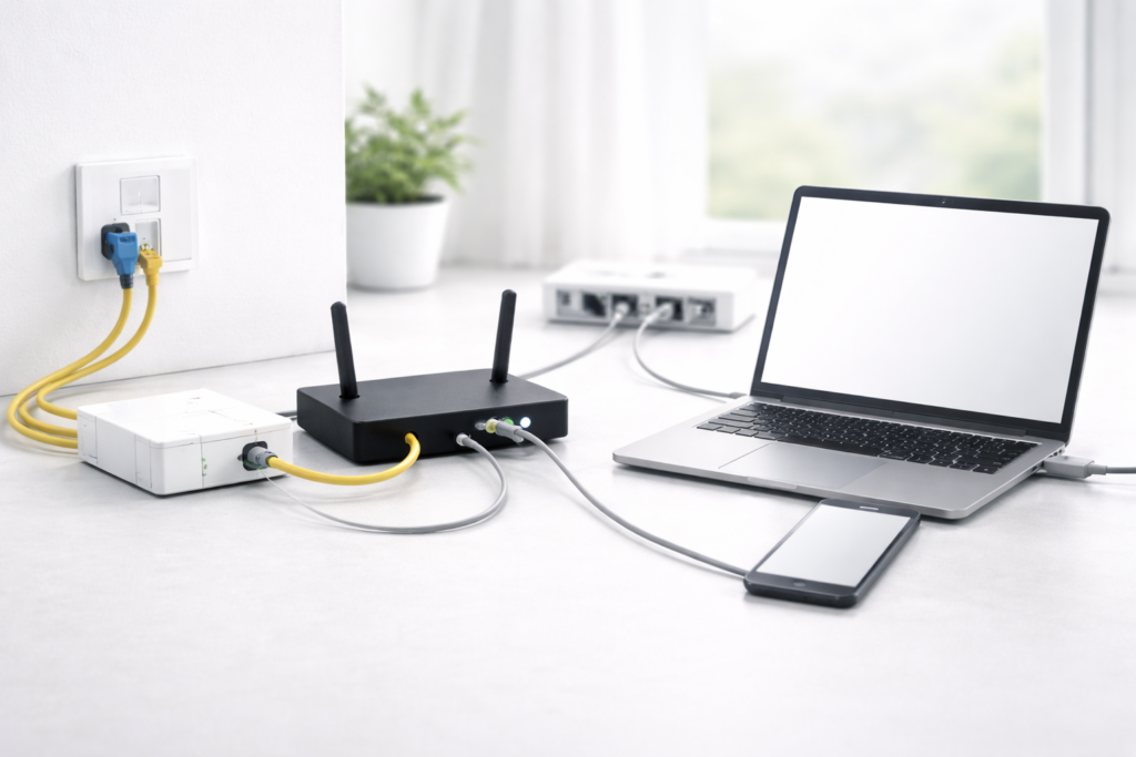 ONUとルーターを配線しPCとスマホを接続
