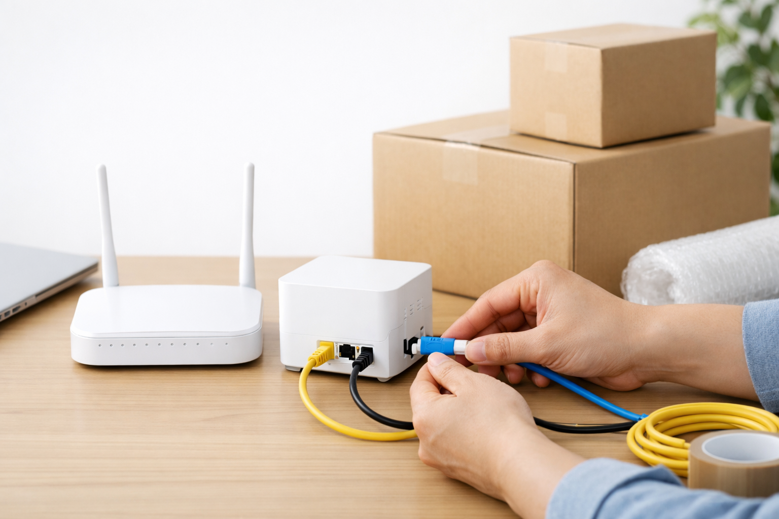 引越し荷物の前でモデムにケーブルを接続する手元