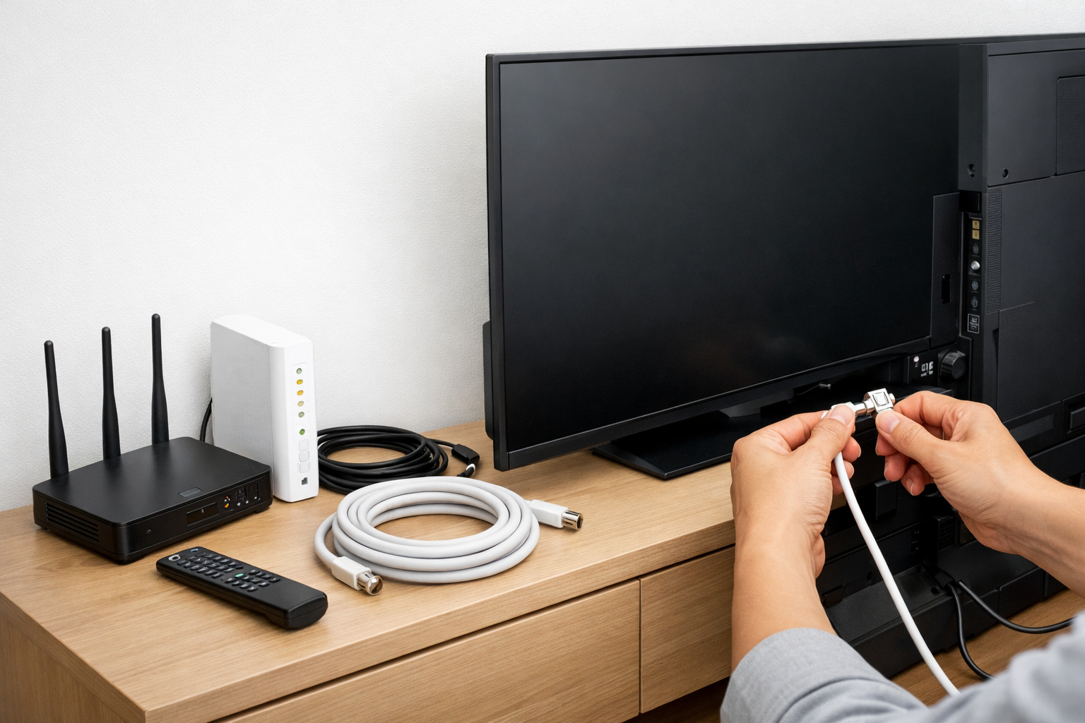 テレビ背面にケーブルを接続する手元とルーター