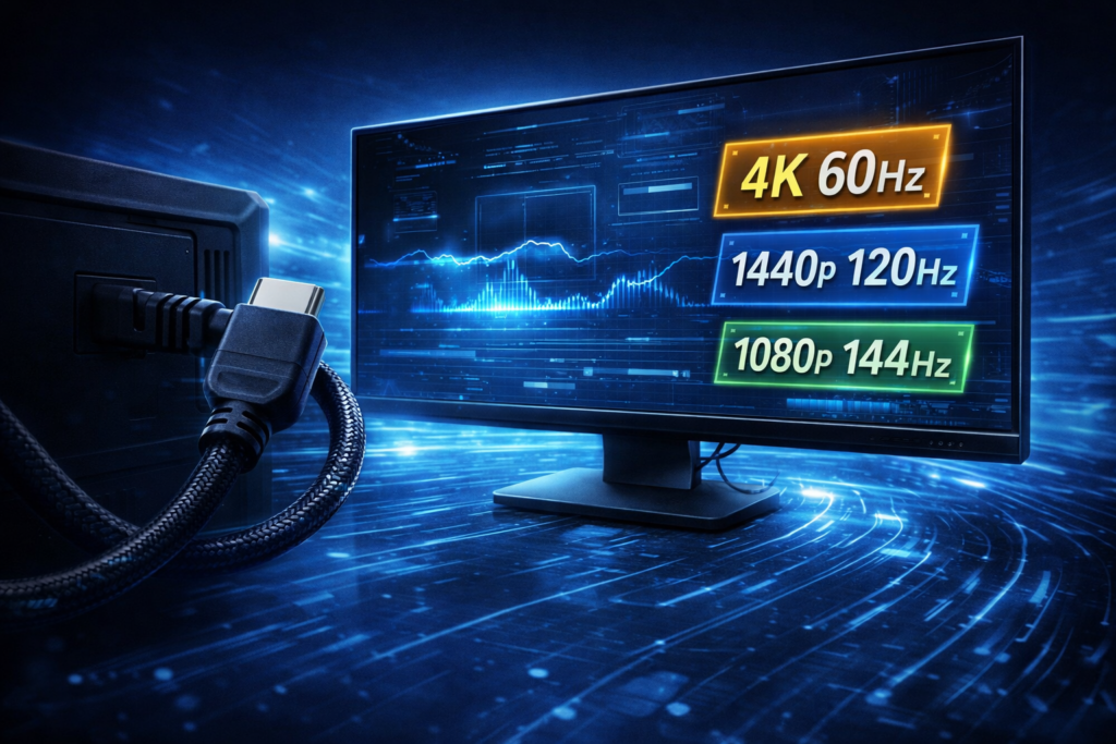 HDMIケーブルと解像度別リフレッシュレート表示のモニター
