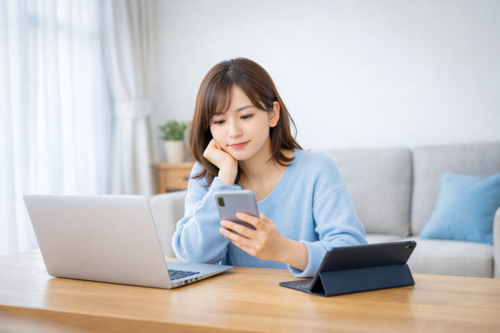ノートPCとスマホを見ながら考え込む若い女性