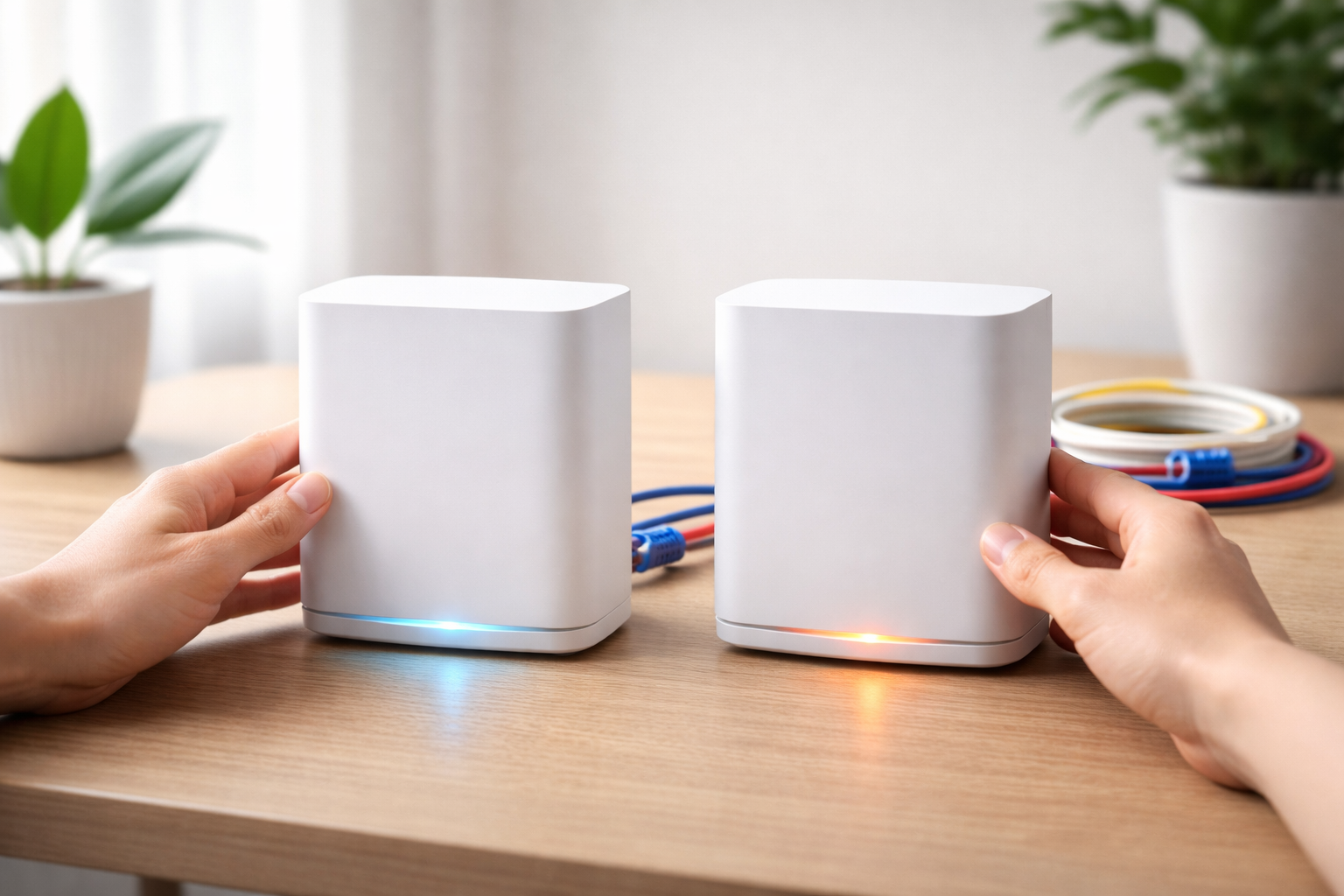 自宅のデスクで2台のルーターを手で見比べる