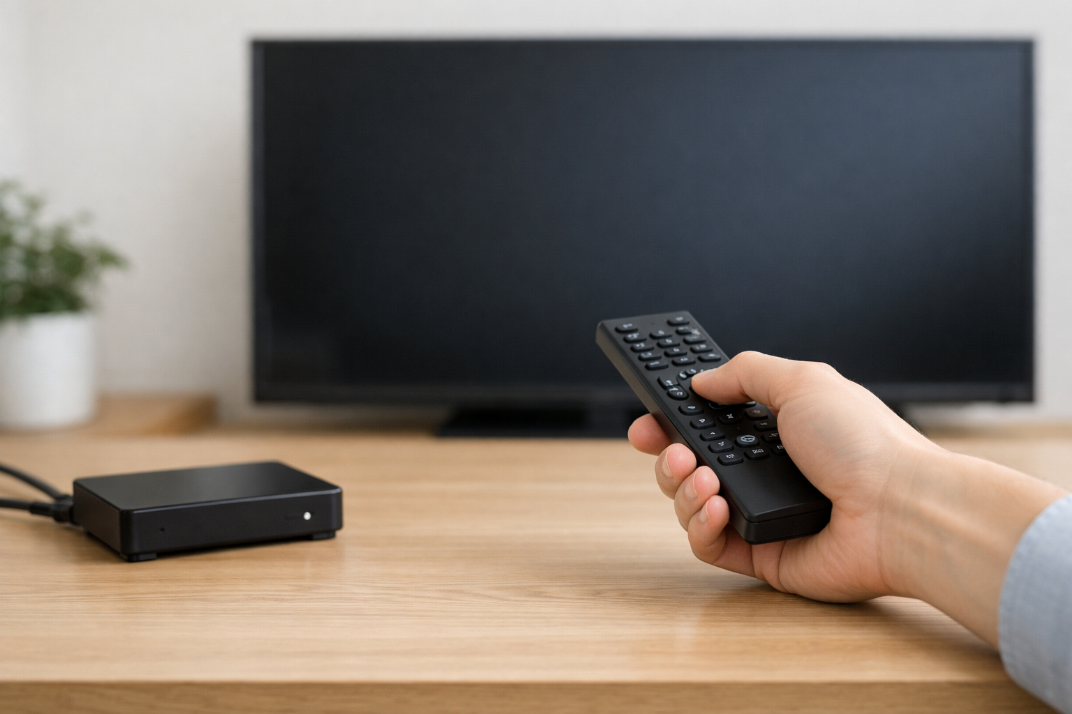 机上でテレビに向けてリモコンを操作する手元