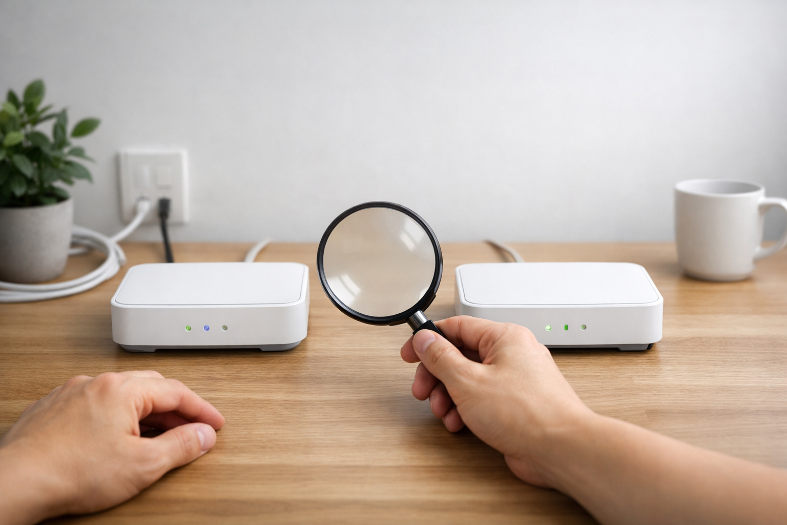 デスクで2台のWi-Fiルーターを虫眼鏡で見比べる手元