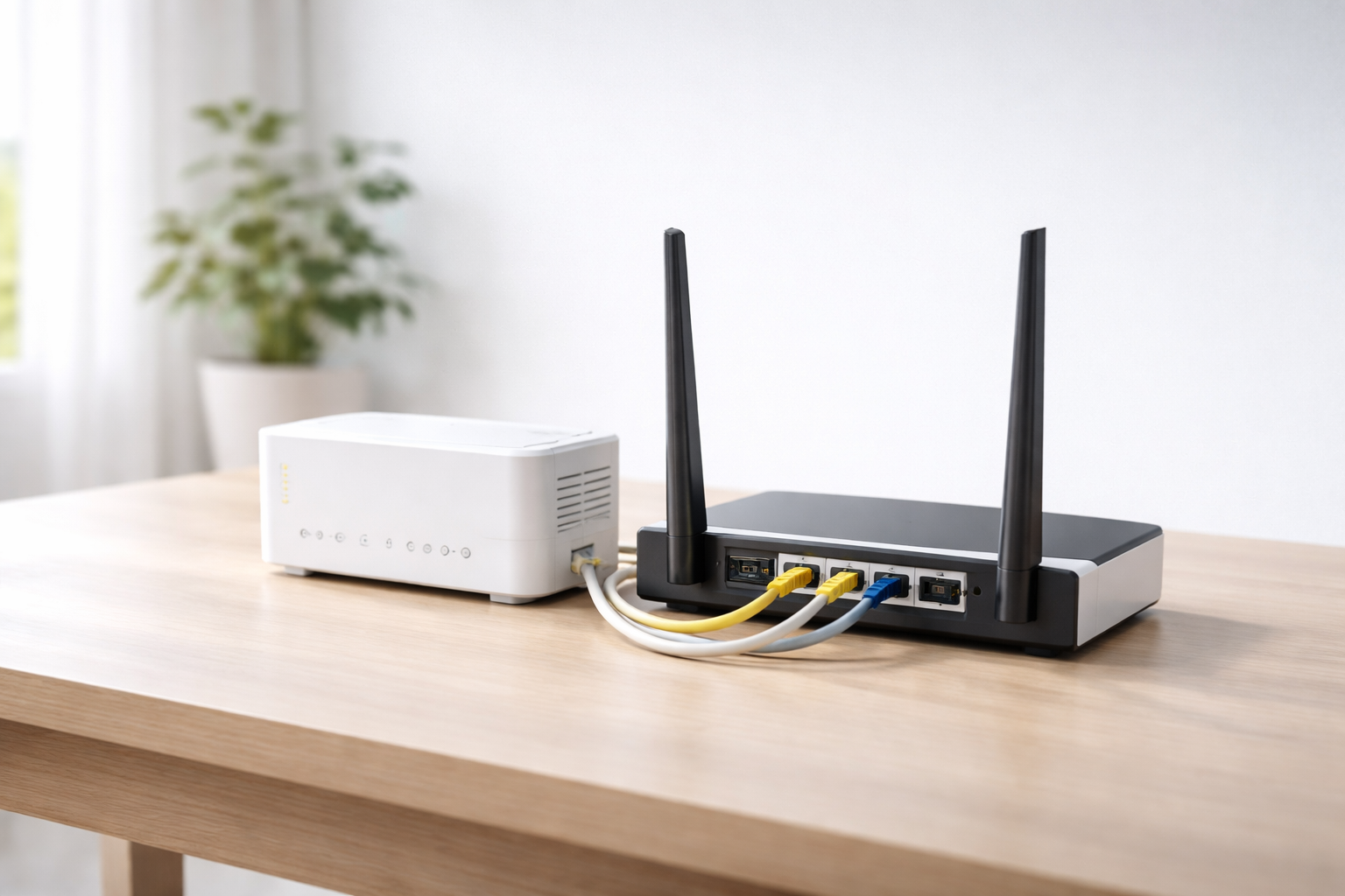 シンプルな机上に並ぶモデムとWi-Fiルーター