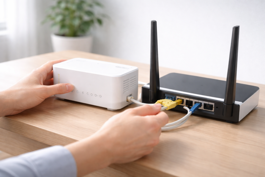机の上でモデムとWi-Fiルーターをケーブル接続する手元
