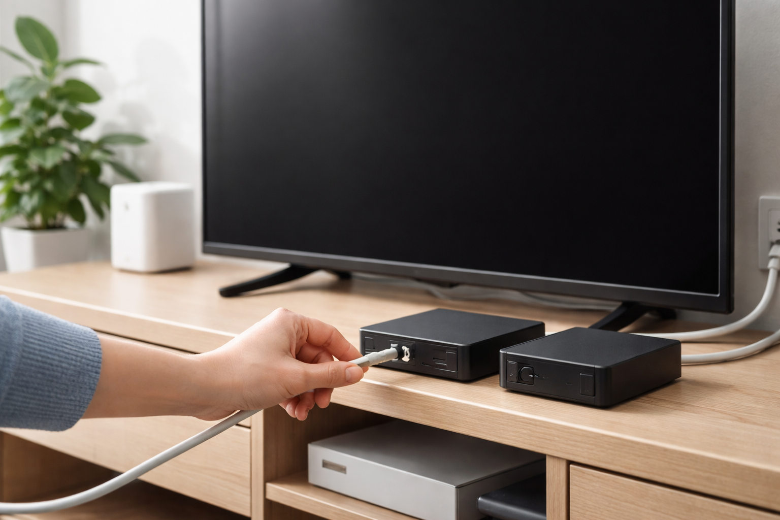 リビングでテレビ用機器にケーブルを接続する手元