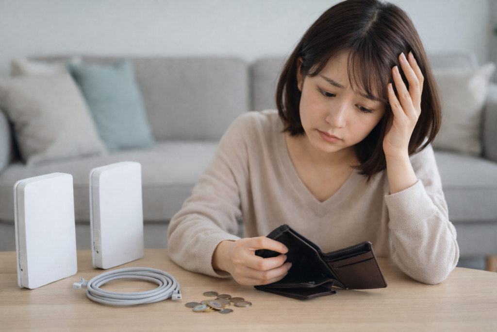 財布を見て悩む女性と白いルーターと散らばる硬貨
