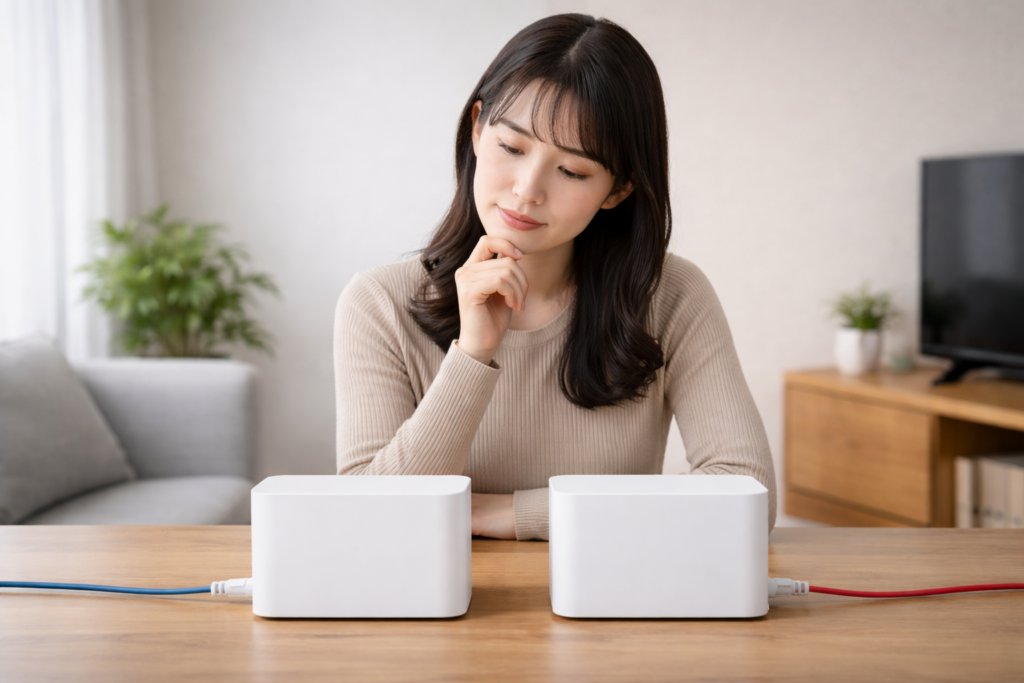 机に並べた二台のルーターを見比べ考える女性
