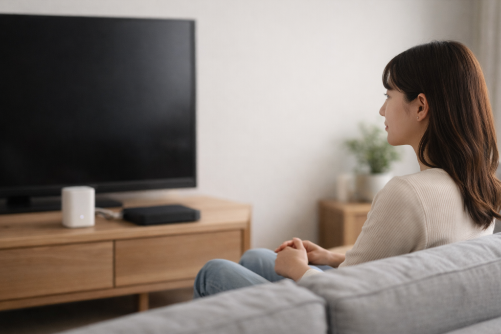 リビングでテレビを見つめる女性と接続機器
