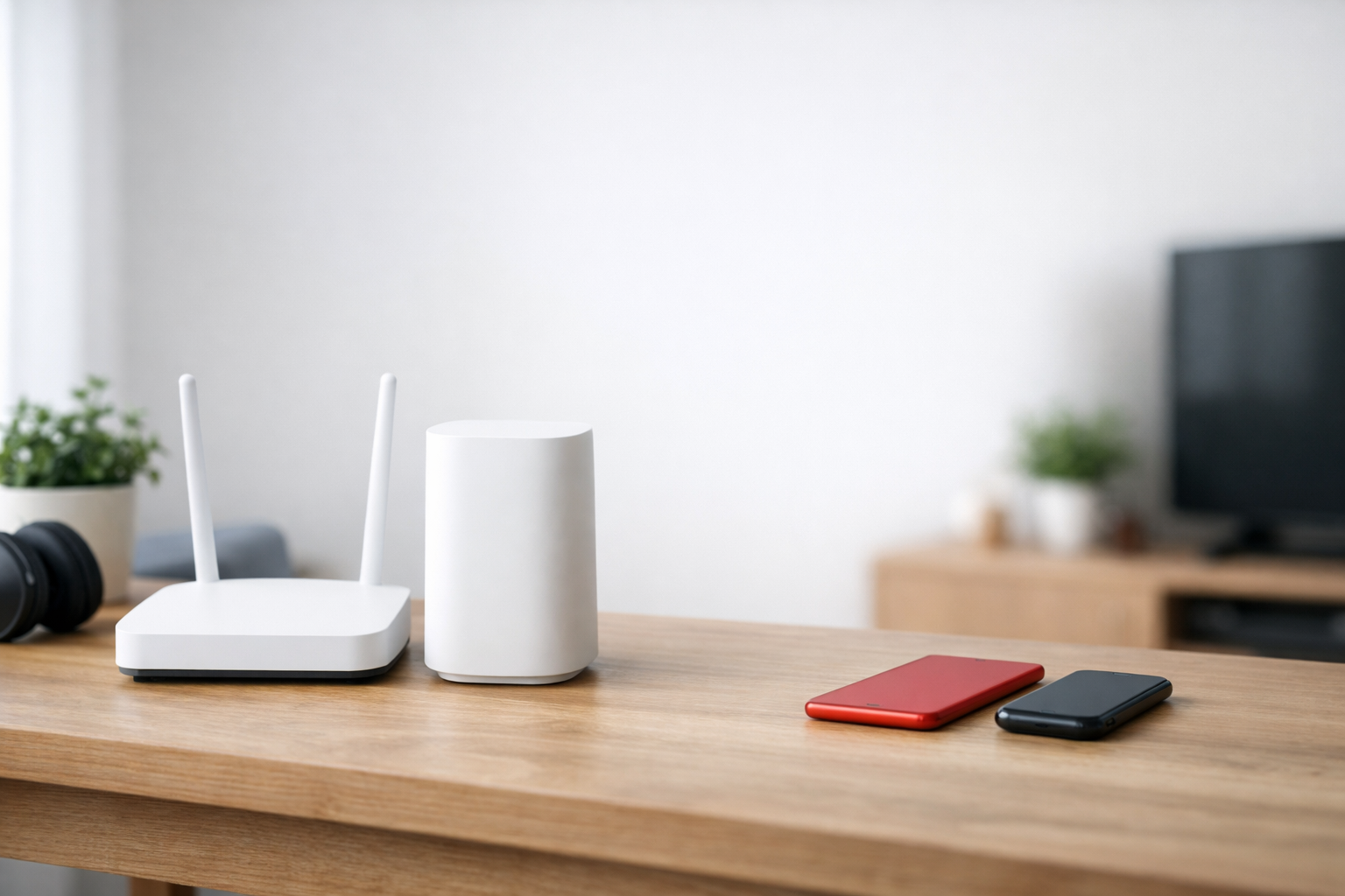木の机に白いルーターとモデム、赤黒の端末