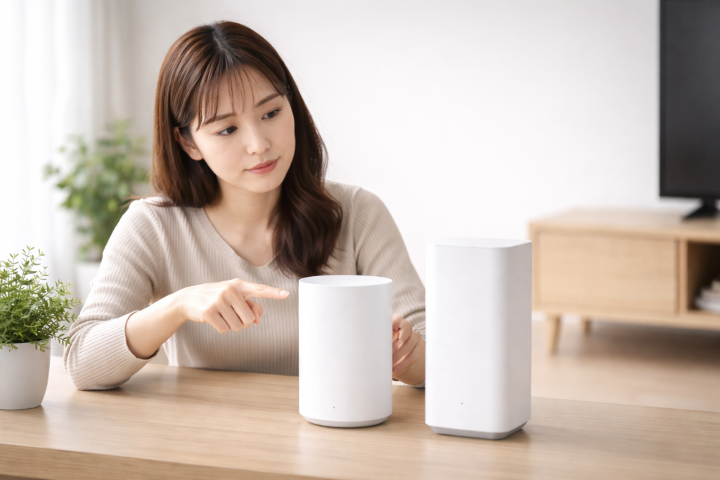 リビングで2台のホームルーターを見比べる女性
