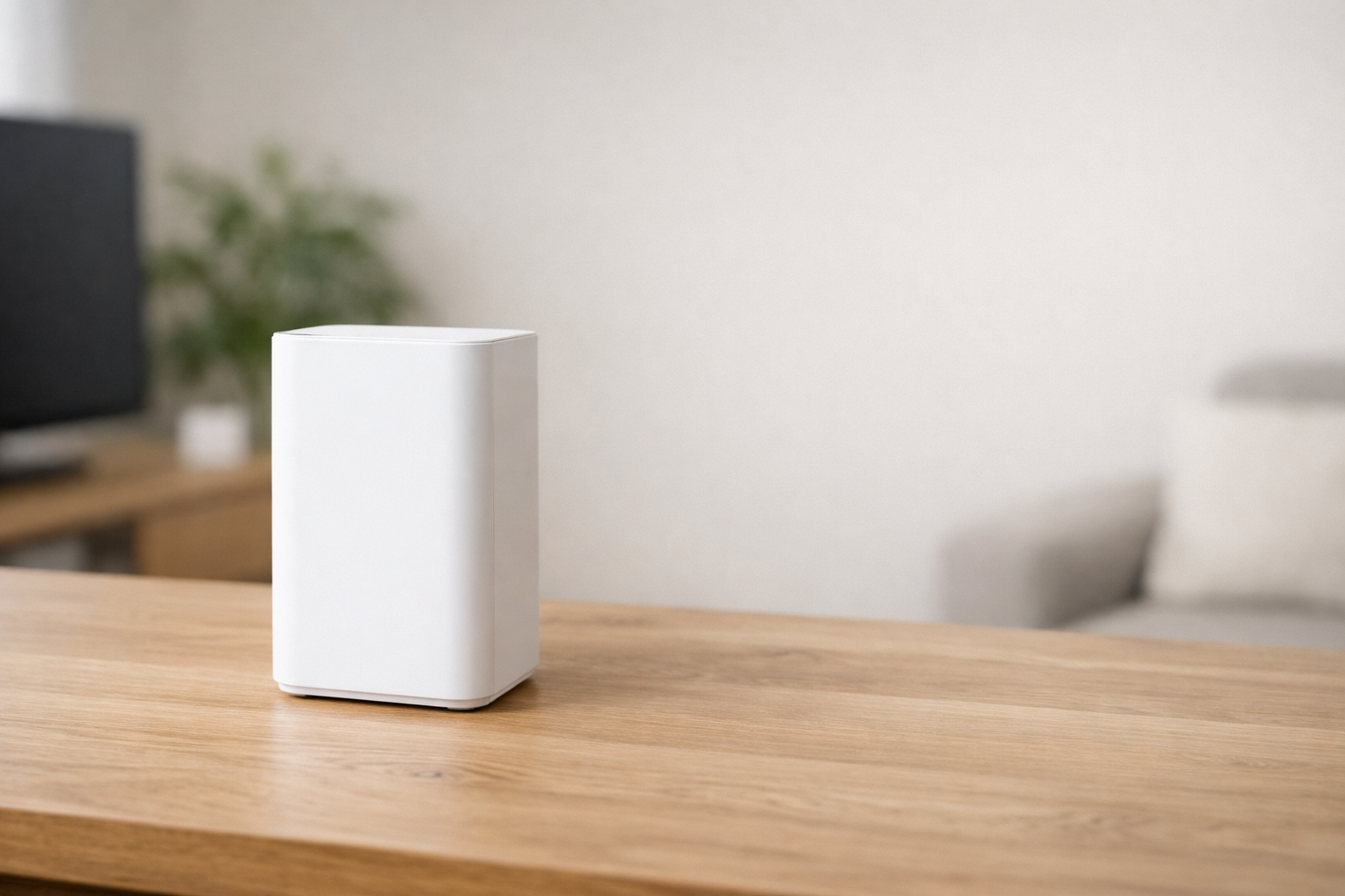 木目テーブルに置かれた白いルーターのあるリビング