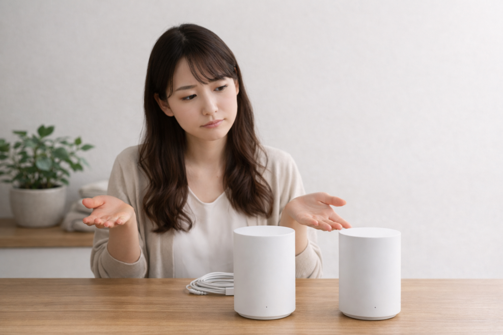 机上で2台の白いルーターを見比べて迷う女性
