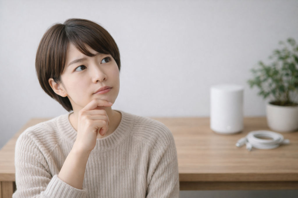 デスクで考え込む女性、背景に白いルーター
