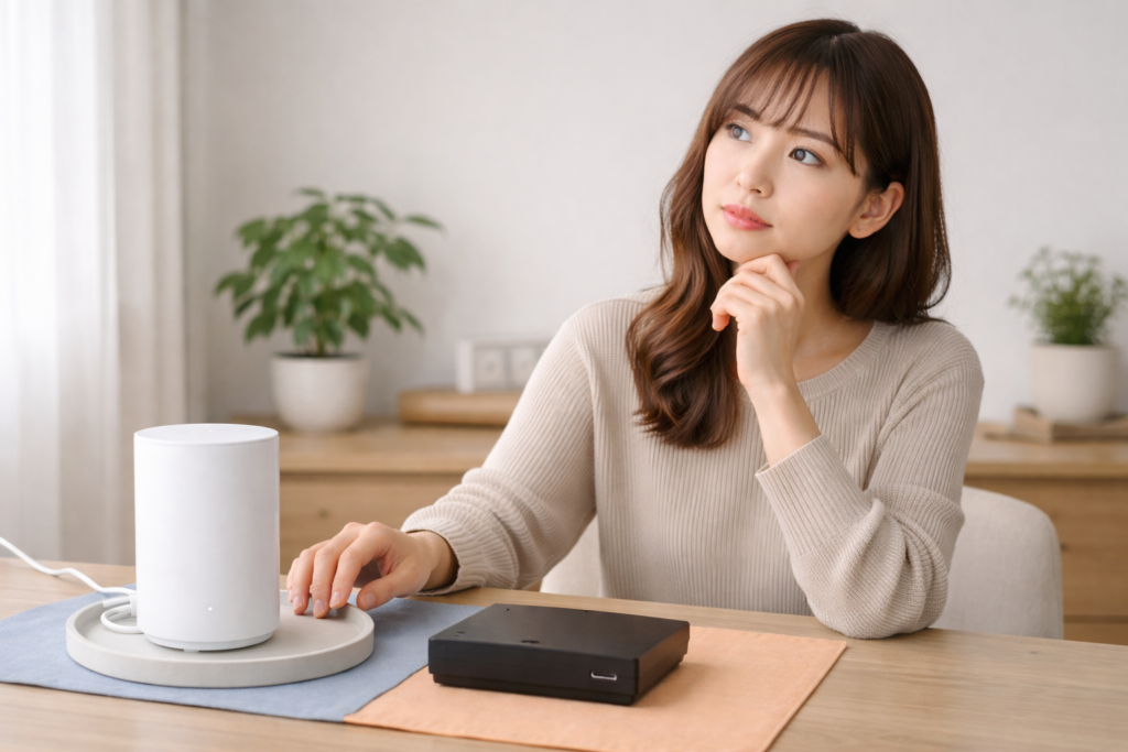 デスクでルーターと機器を前に検討する女性
