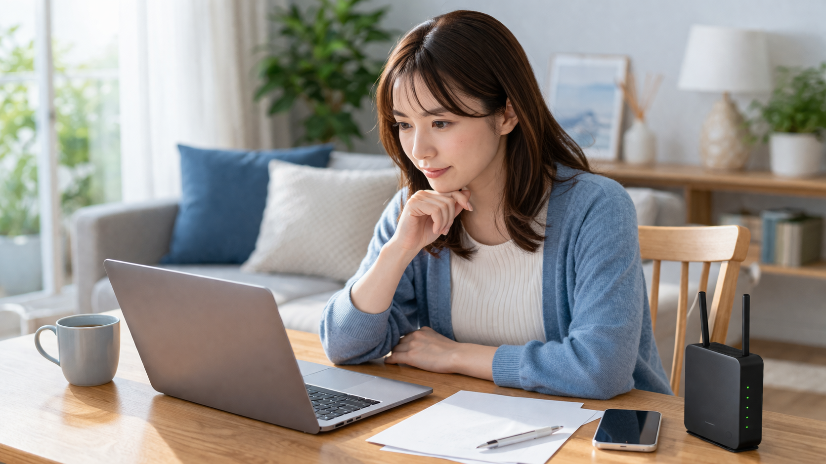 日本の明るいリビングで、ノートPCを見ながら光回線の料金プランを比較検討する30代女性