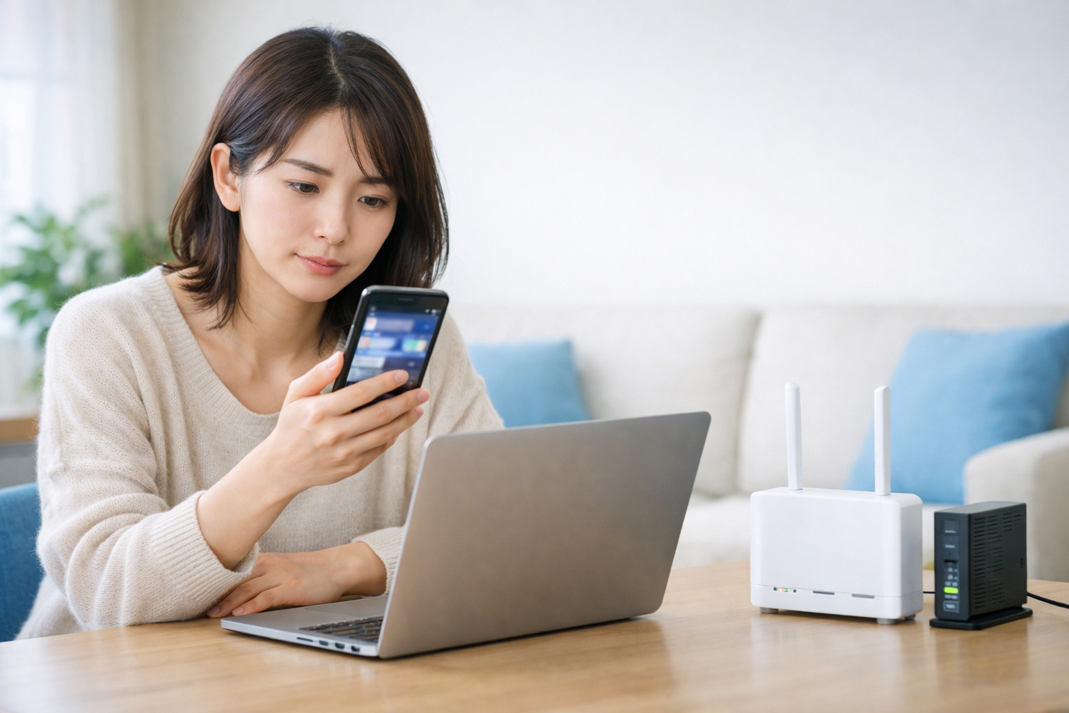 スマートフォンで通信障害の情報を確認しながら、ノートPCとWi-Fiルーターを前に状況を確認する女性