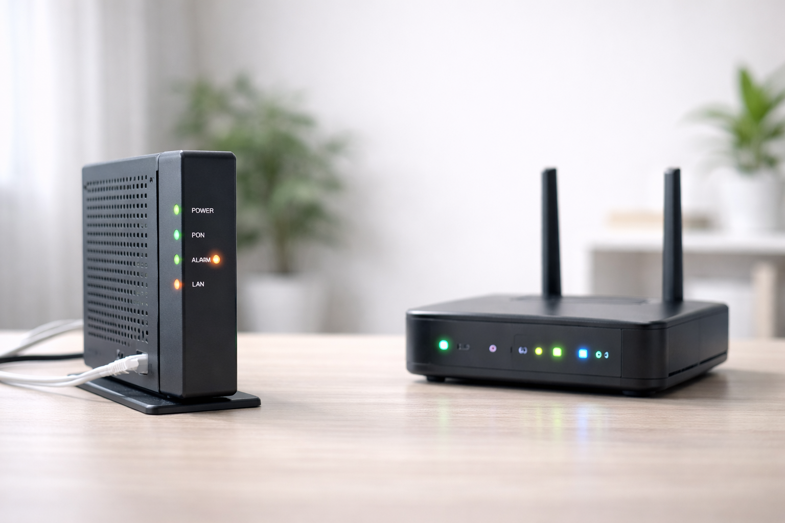 ONUとWi-Fiルーターが机の上に並ぶ、家庭用インターネット機器のアイキャッチ画像