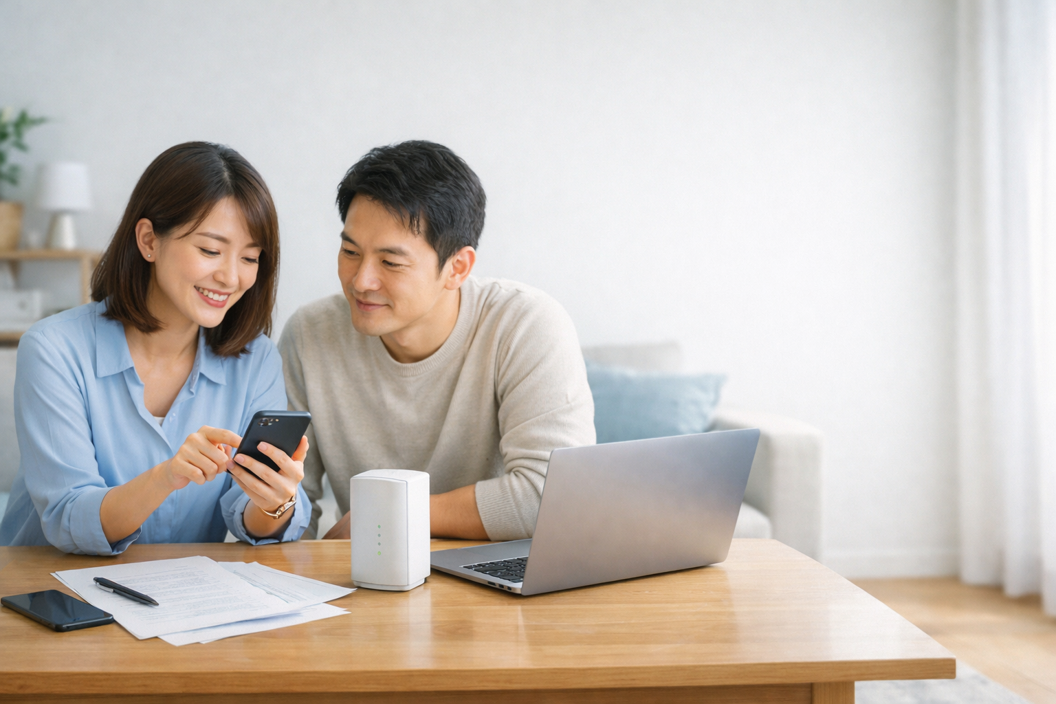 リビングでスマホとWi-Fiルーターを見ながら回線見直しを相談する男女