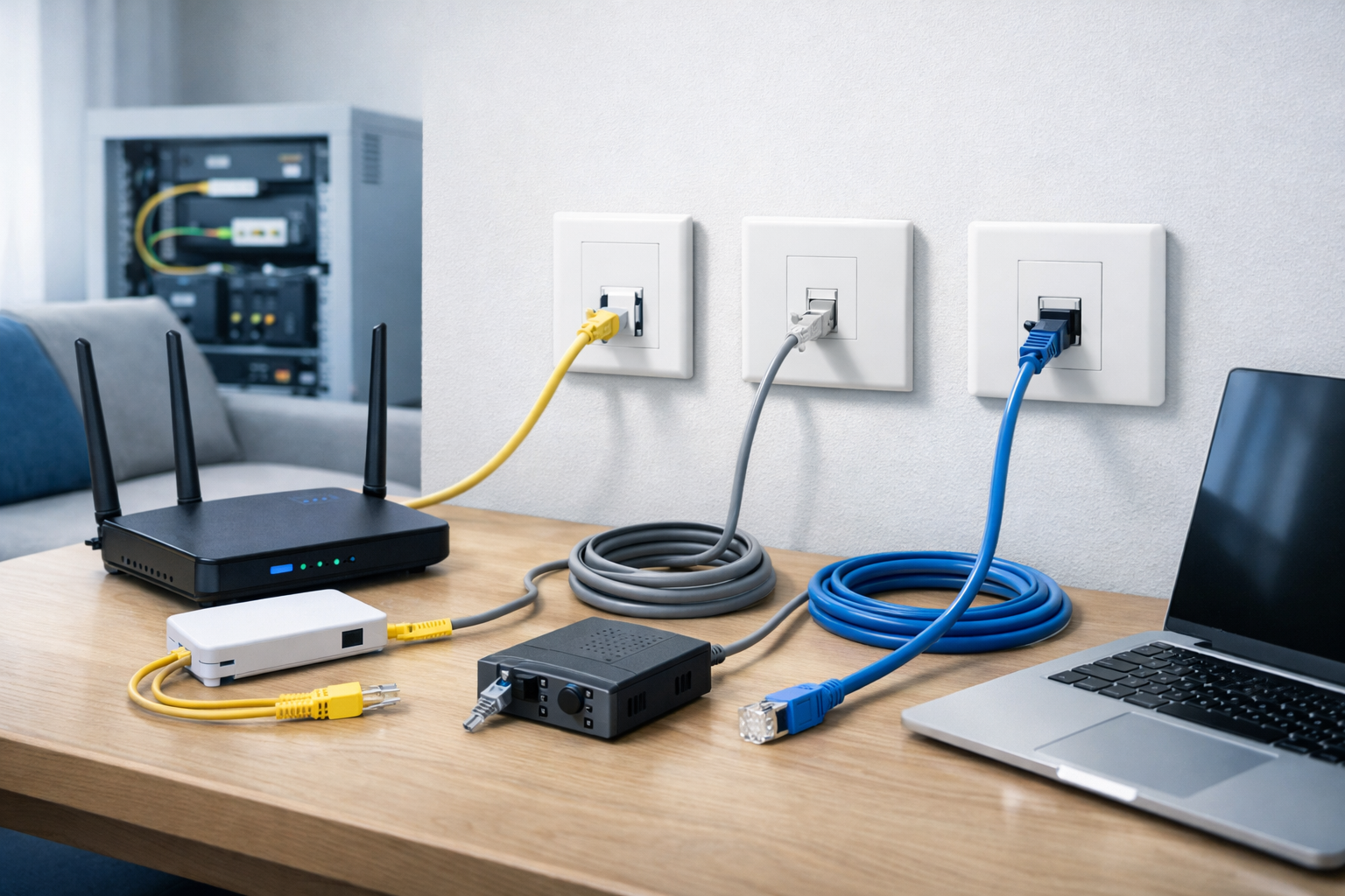 マンションのネット配線の違いを示す画像。壁の差込口とWi-Fiルーター、パソコンが写っている。
