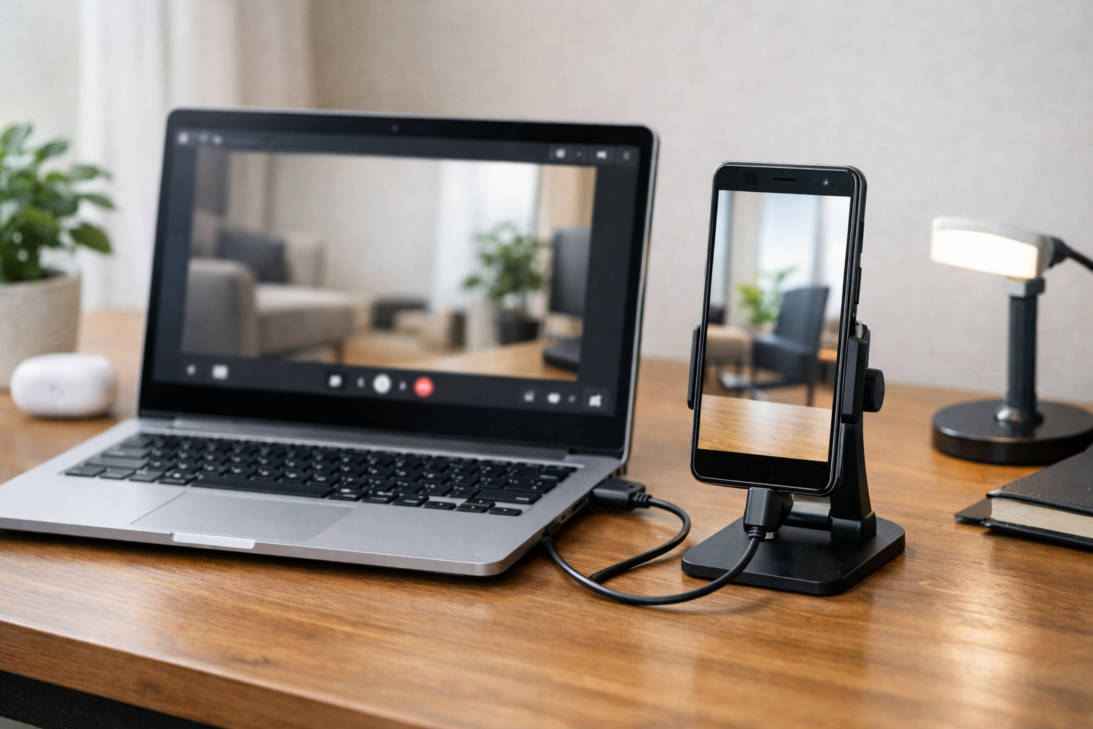 AndroidスマホをUSB-CでノートPCに接続し、Webカメラとして使っているホームオフィスのデスク風景