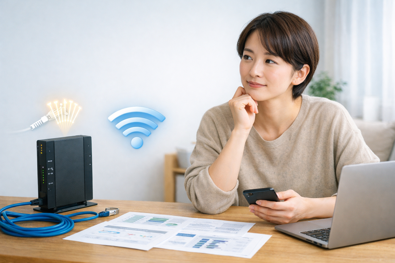 GMOとくとくBBのプロバイダ契約を比較しながら、パソコンとルーターを前に検討している女性のイメージ画像