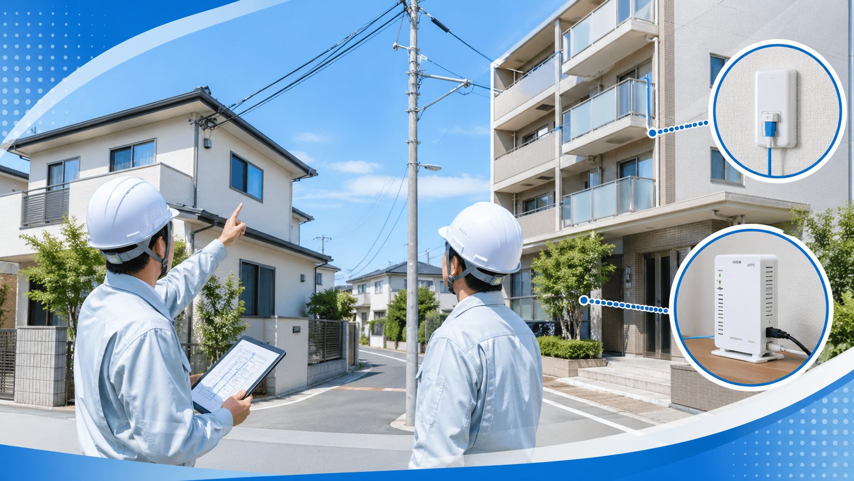 光回線の現地調査で作業員が戸建てとマンションの配線ルートを確認している様子