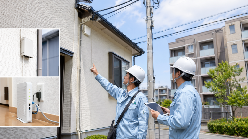 光回線の現地調査で作業員が建物設備と配線ルートを確認している様子