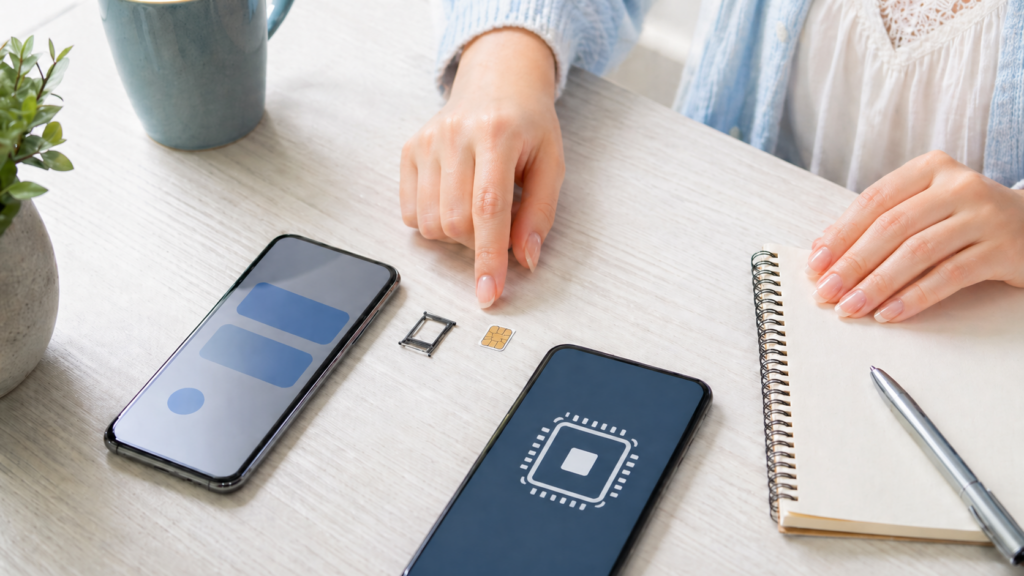 音声SIMとデータSIMの違いを確認するために、スマートフォンとSIMカードを手元で比較している女性