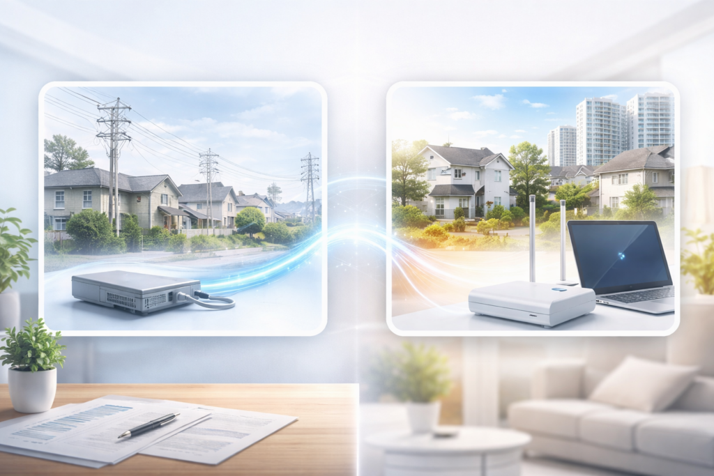 旧来の通信設備がある住宅街と、現代的なルーターやパソコンがある住環境を並べ、tepcoひかりの基本情報を整理するイメージ