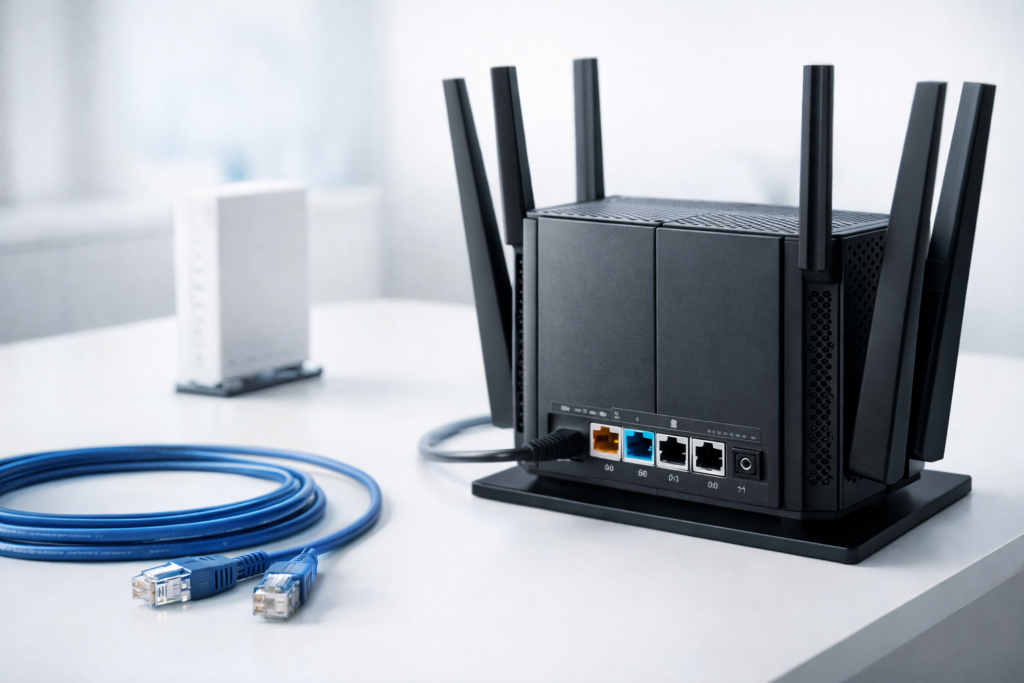 黒いWi-Fiルーターの背面ポートと青いLANケーブルを白いデスク上に配置した、ドコモ光10ギガ対応ルーター選びのイメージ