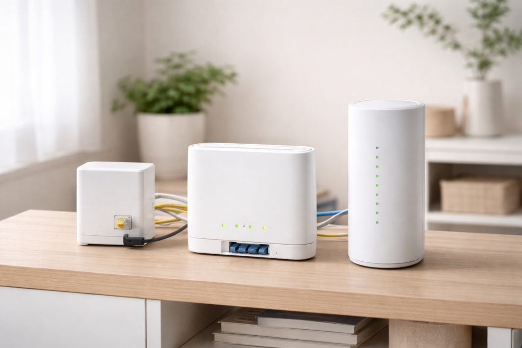 ONUとWi-Fiルーター、ホームルーターを並べた比較イメージ