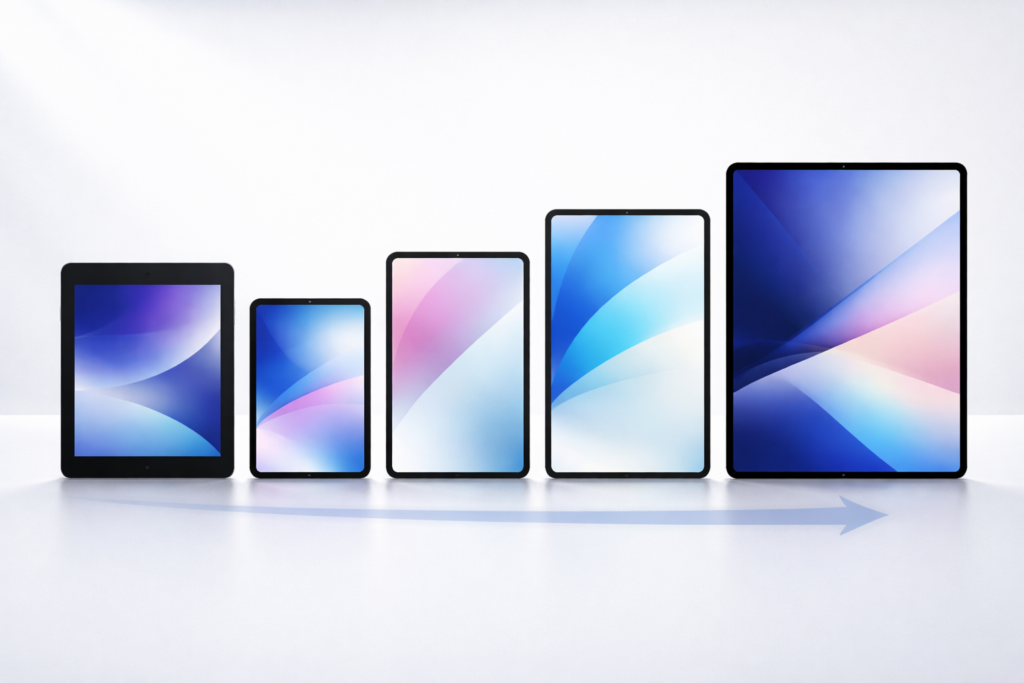 左から右へ進化する流れがわかるように、5台のタブレットを横一列に並べた比較イメージ。