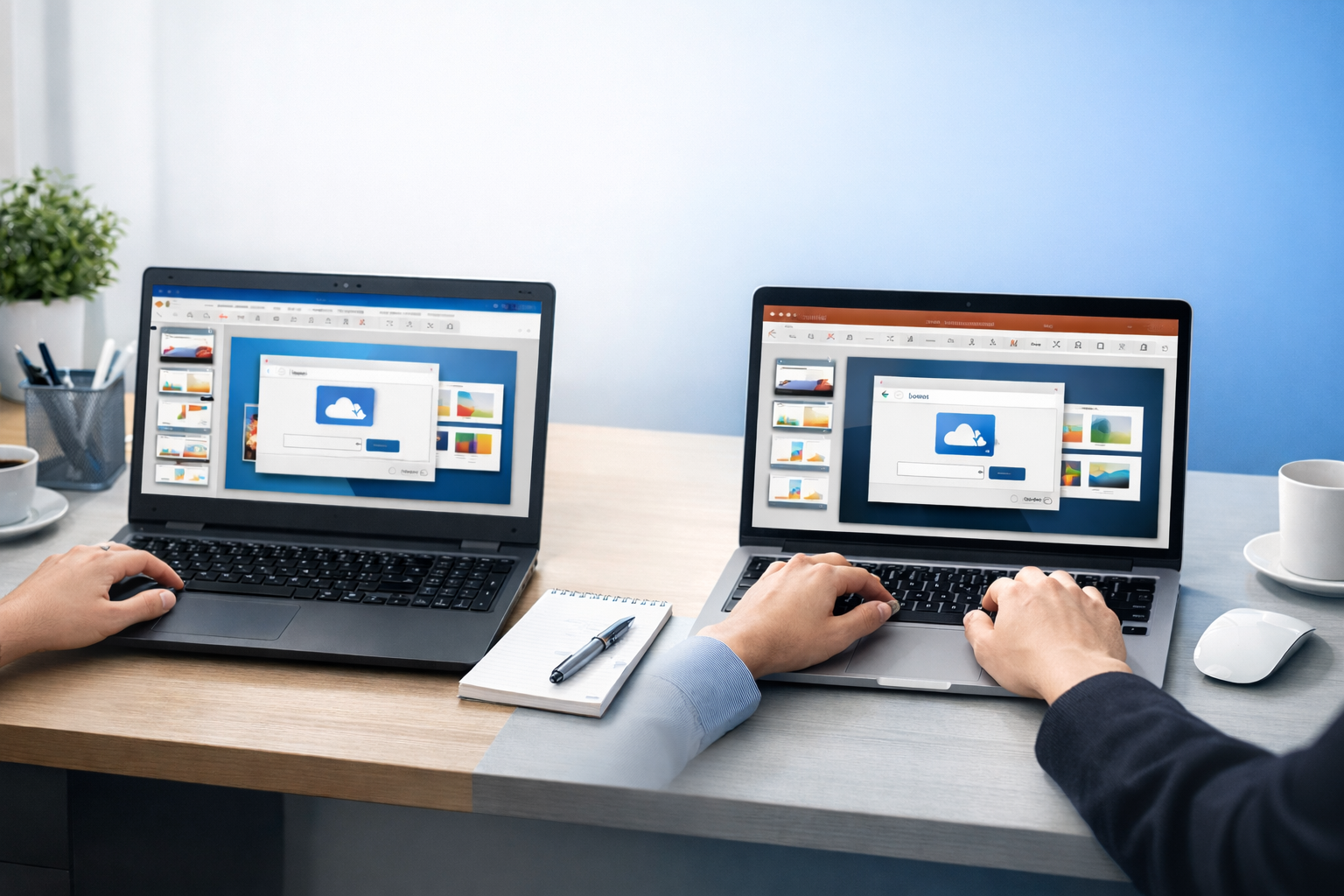 WindowsとMacのノートPCでPowerPointの画像変換作業をしているデスク風景