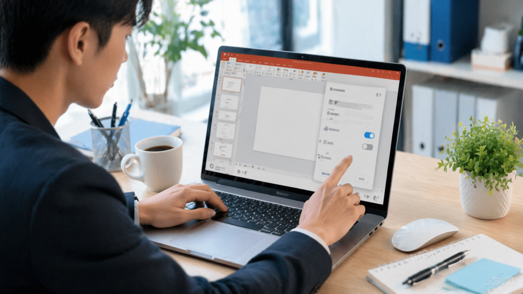 PowerPointの設定画面でページ番号をオフにする操作をしているノートPCの作業風景
