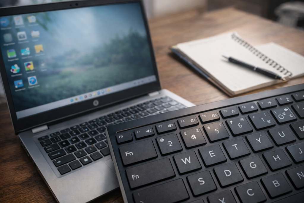 HPノートPCと外付けキーボードのファンクションキー配置を確認しているデスク環境の写真
