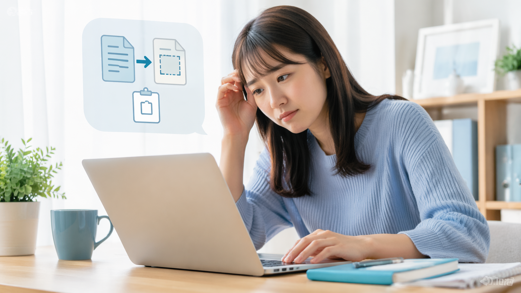 ノートパソコンを見ながら貼り付け操作に困っている女性のイメージ
