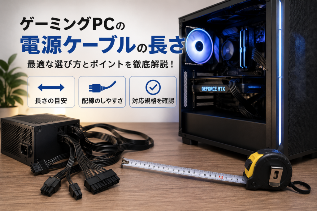 ゲーミングPCの電源ケーブルの長さをメジャーで測り、最適な選び方を解説する画像