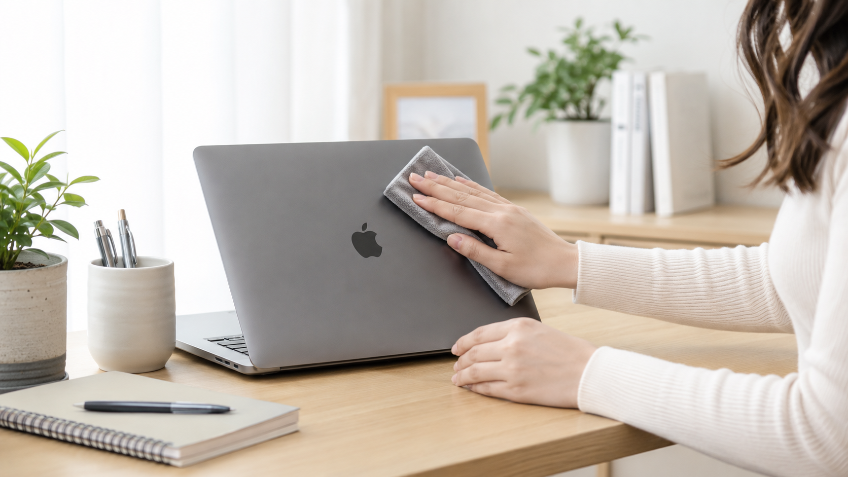 macbook 傷を防ぐためにMacBookを丁寧に清掃している女性