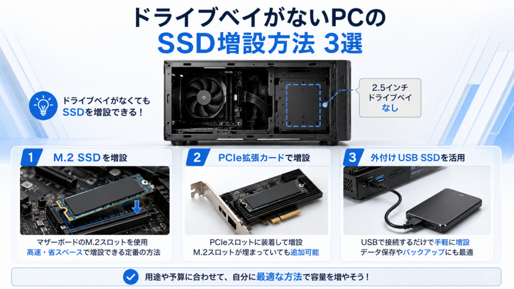 ssd増設でベイがない場合の解決策を示すPCとSSDのイメージ