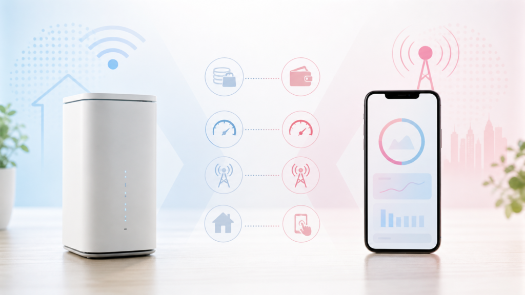 ワイマックスのホームルーターと楽天モバイルを想定したスマートフォンを並べ、料金・速度・エリア・使い方の違いを比較するイメージ