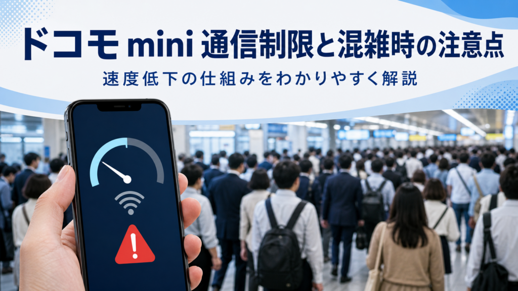 ドコモ miniの通信制限と混雑時の速度低下を、混雑した駅とスマホの警告表示で表したイメージ画像